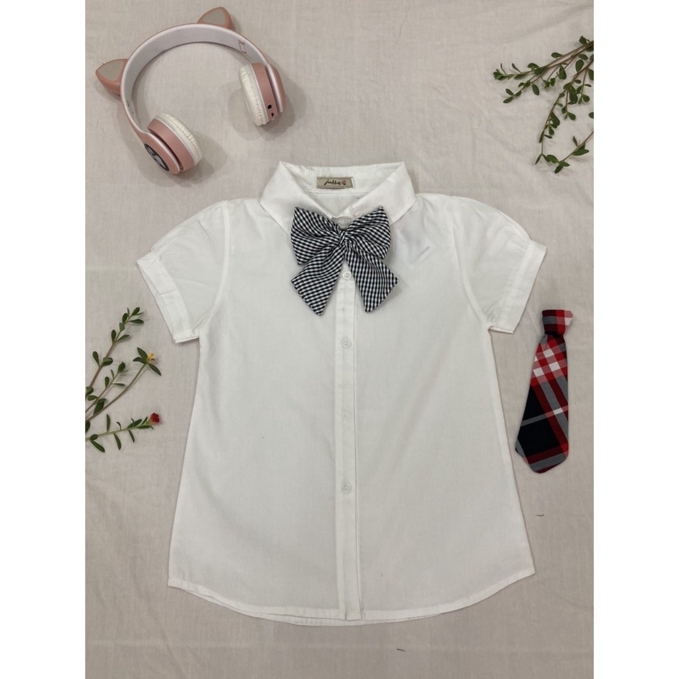 Áo sơ mi trắng học sinh tiểu học bé gái vải thô mềm thấm hút mồ hôi, có đính nơ ở cổ