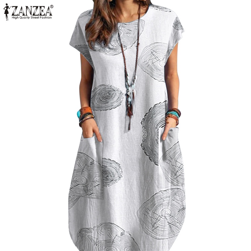 Đầm ZANZEA tay ngắn cổ tròn in họa tiết thời trang dành cho nữ