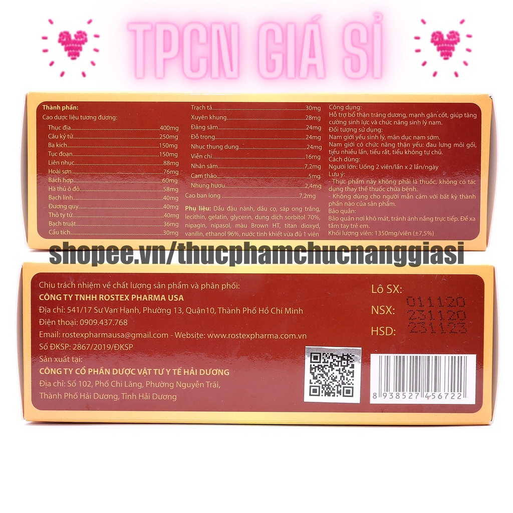 [Vỉ] Viên uống Bổ Thận Nam tăng cường sinh lý, cương cứng, giảm xuất tinh sớm - Hộp 30 Viên