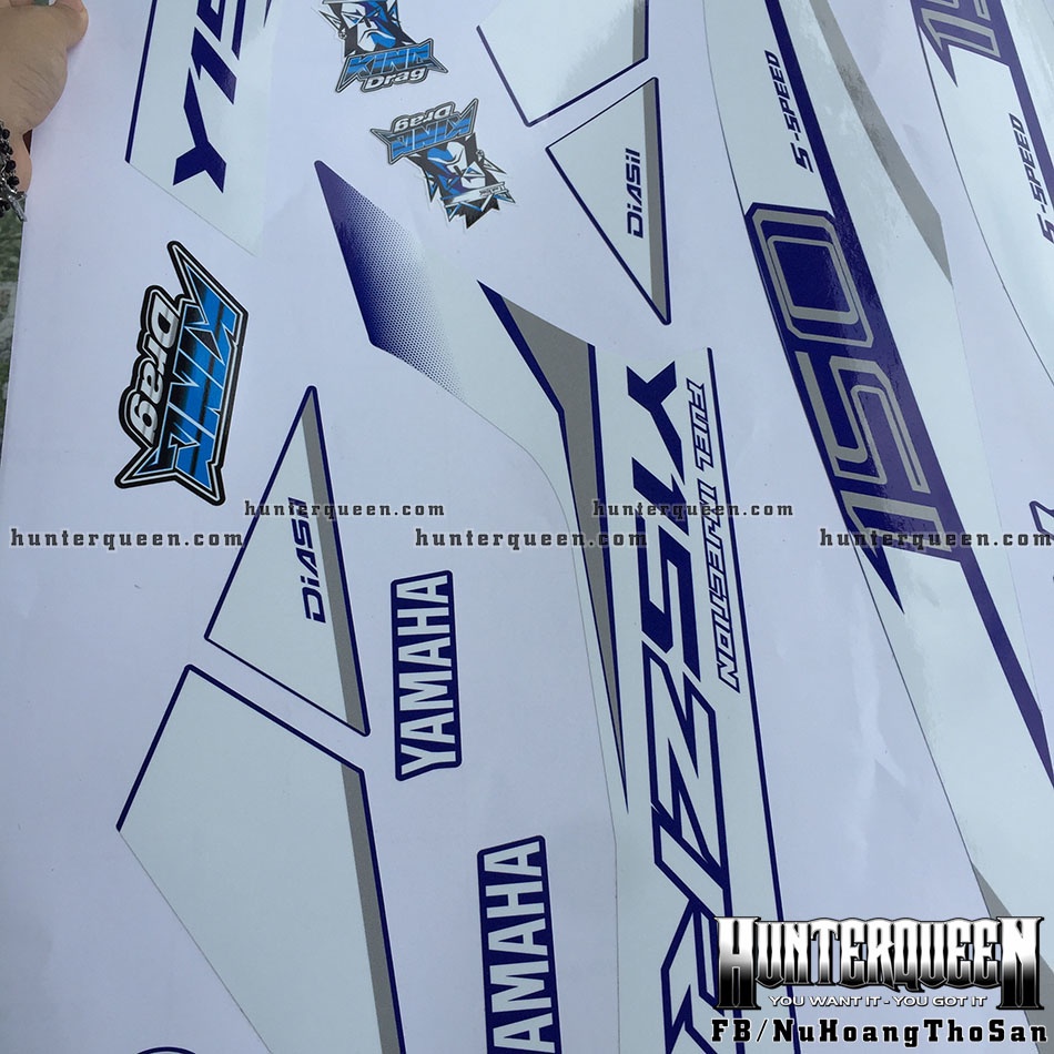 Tem rời dán xe Exciter 150 xanh GP. Decal cao cấp Y15ZR phối trắng bạc