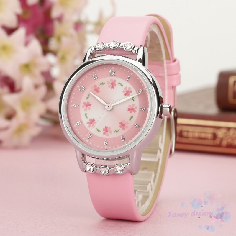 Đồng Hồ Quartz Dây Da Mặt Hình Hoa Đính Đá Dễ Thương Cho Bé Gái