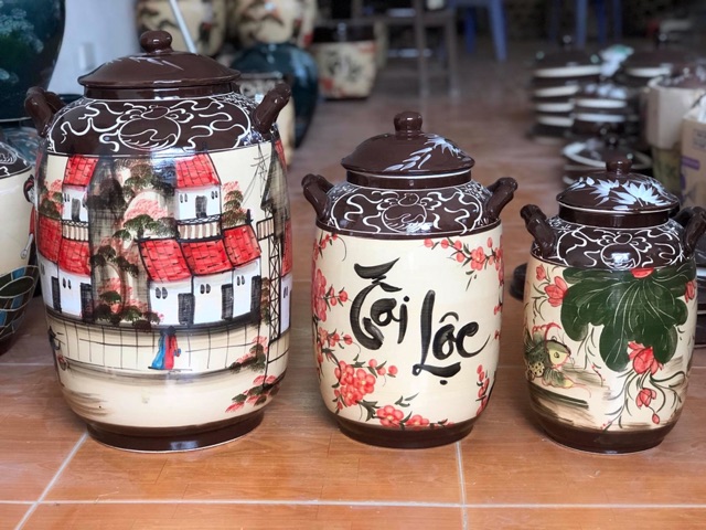 Bình đựng nước, ngâm rượu, đựng gạo sứ vẽ tay Bát Tràng