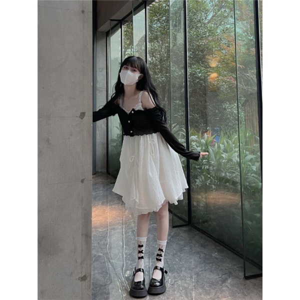 Váy hai dây xòe  babydoll công chúa màu hồng trắng oder taobao