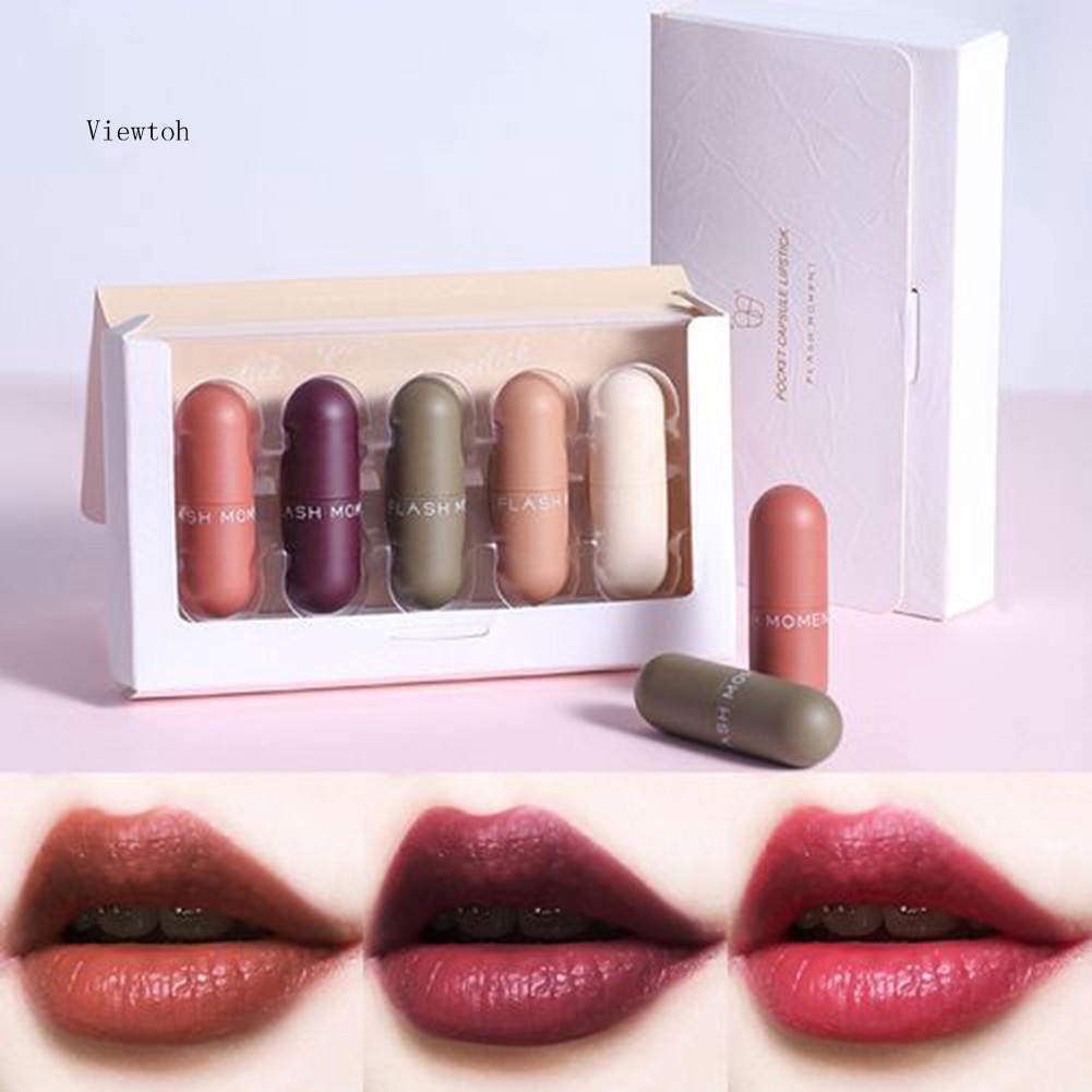 Set 5 son lì trang điểm lâu trôi thiết kế vỏ hình viên thuốc mini