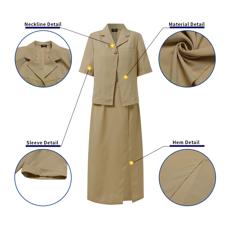 Bộ VONDA gồm áo ngắn tay màu trơn cổ bẻ + chân váy dài lưng cao phối khóa kéo cá tính dành cho nữ