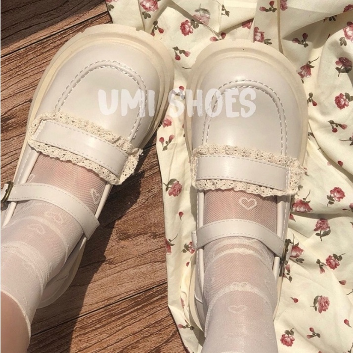 Giày Lolita Nữ Mary Quai Cài Thời Trang Phối Ren Mới Hot Da Dáng Oxford Màu Đen/Kem Học Sinh Độn Đế Cao 5cm