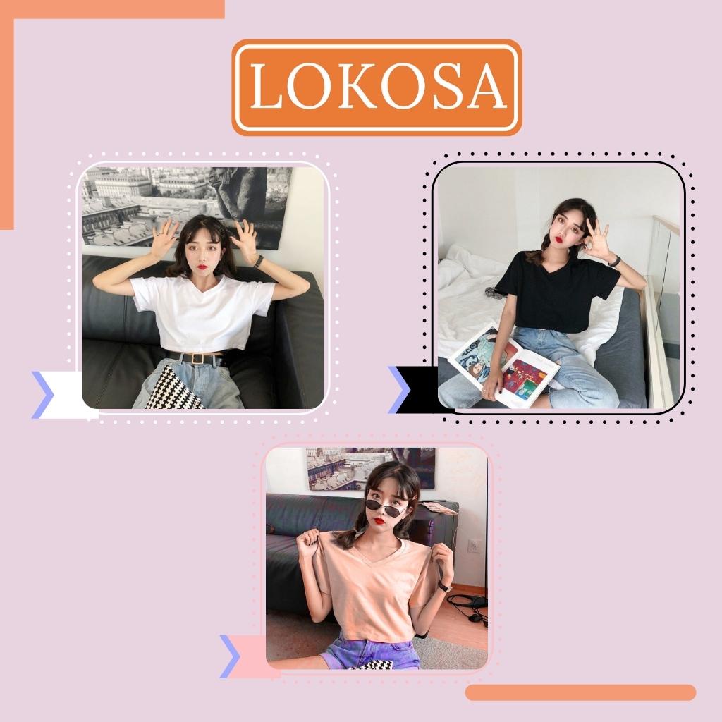 Áo Kiểu Croptop Cổ tim LOKOSA, Áo Croptop nữ thun tay ngắn, sexy, Form rộng Hàn Quốc nhiều màu Đen, Trắng, Hồng AO007
