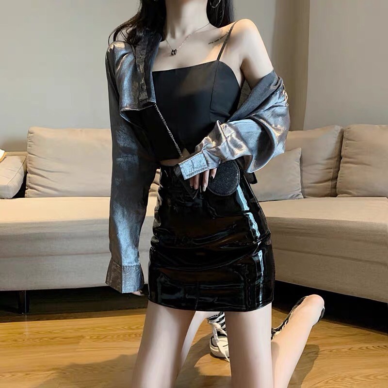 Chân váy da bóng cạp cao, Chân váy dáng A Quảng Châu Loại 1 , Kèm quần lót Có BIGSIZE