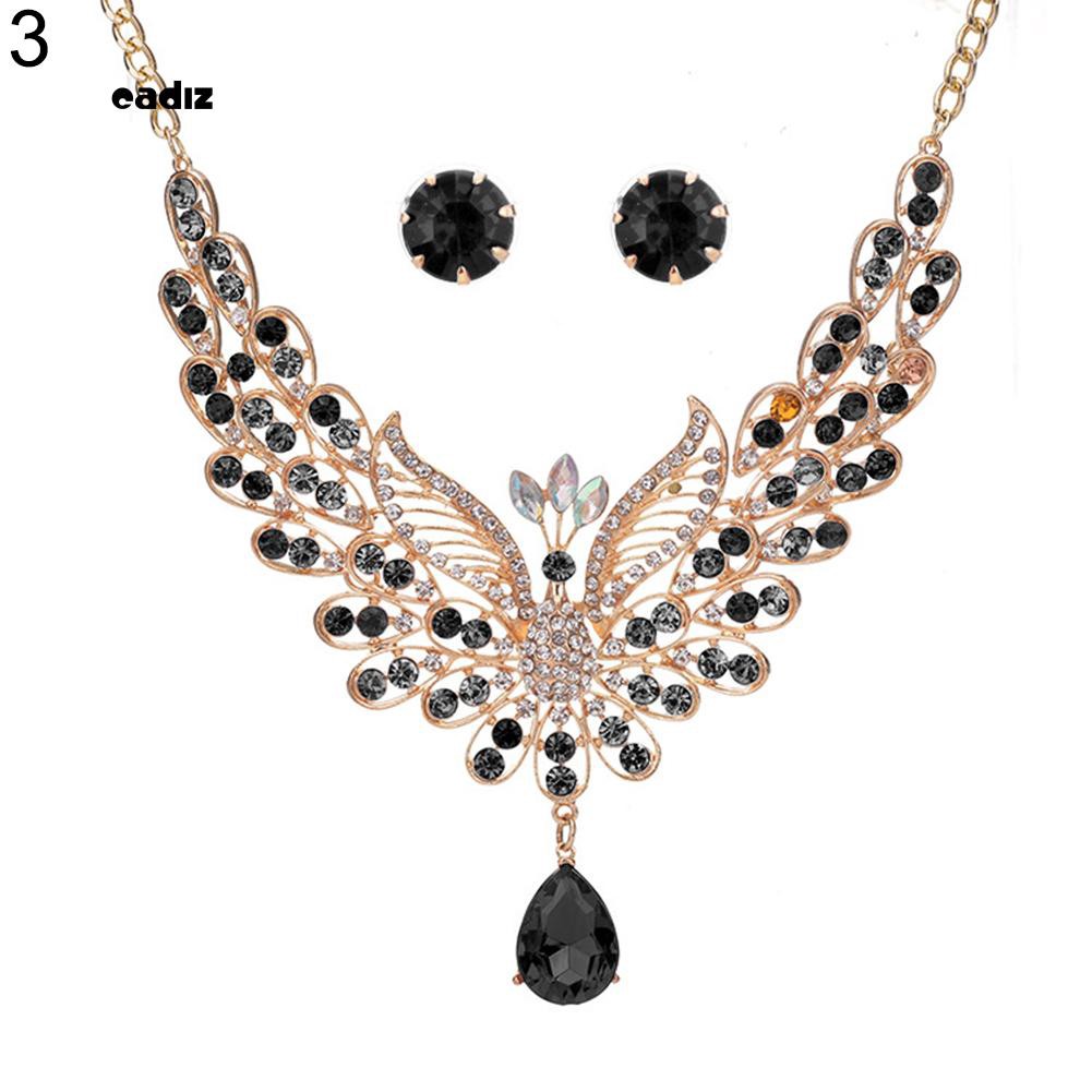 Bộ dây chuyền và khuyên tai hình đuôi công đính đá nhiều màu