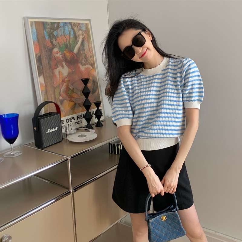 Áo thun ZHELIHANGFEI vải dệt kim tay ngắn phồng kẻ sọc màu cầu vồng dễ thương