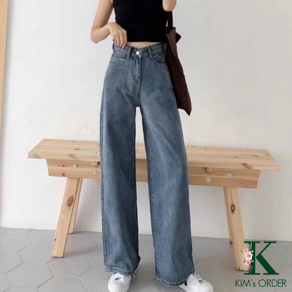 Quần jeans nữ ống suông trơn lưng cao dáng rộng màu xanh phong cách Ulzzang Hàn Quốc chất liệu co dãn nhẹ cao cấp