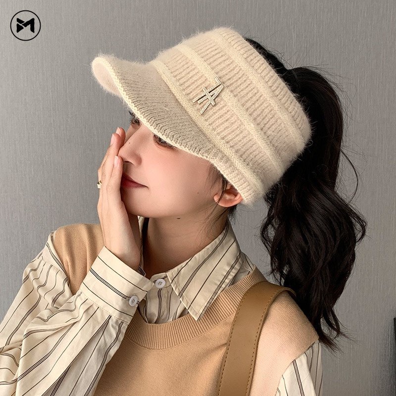 Mũ Len Dệt Kim Phối Lông Thỏ Phong Cách Thời Trang Thu Đông Nhật Hàn