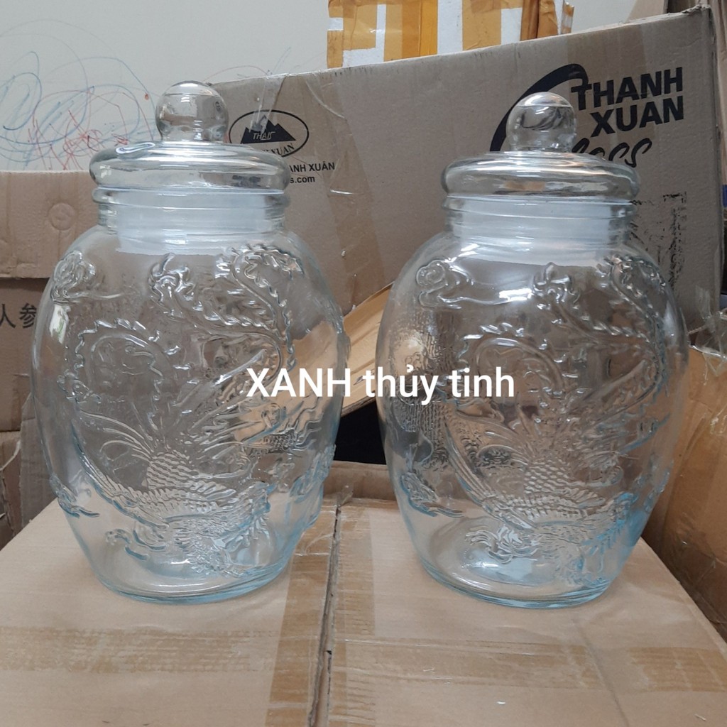 Chum thủy tinh họa tiết rồng phượng dày dặn - Dung tích - 8 lít