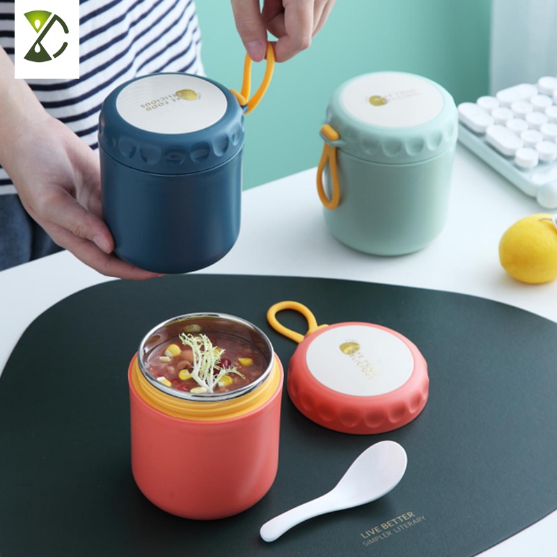 Cốc Đựng Súp Bằng Thép Không Gỉ 304 Cách Nhiệt Có Nắp Kèm Muỗng Chống Rò Rỉ 400ML