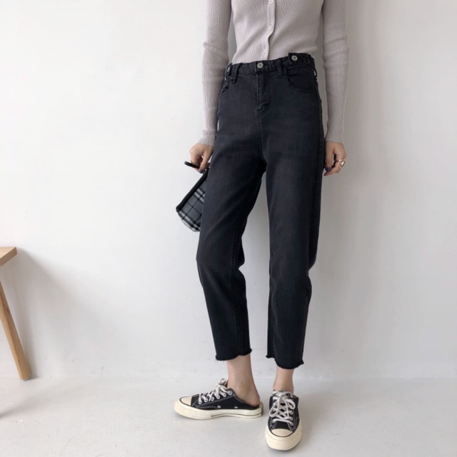 Quần jean dài nữ BigSize phom baggy tua lai lưng cao co dãn mạnh màu đen Cào xước nhẹ 4244