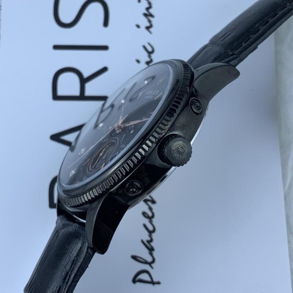 Đồng hồ Nam Rolex máy nhật, mẫu 6kim đính đá, mặt đen viền đen, dây da, dòng cơ Automatic size 40mm-41mm
