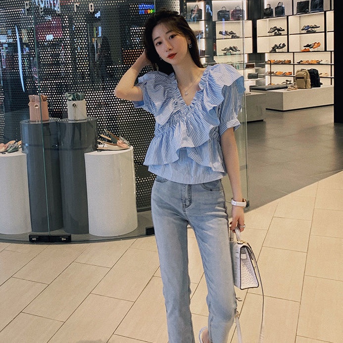 Áo Sơ Mi Ngắn Tay Cổ Chữ v Họa Tiết Kẻ Sọc Màu Xanh Dương Phong Cách Hàn Quốc Cho Nữ JL-TX-256
