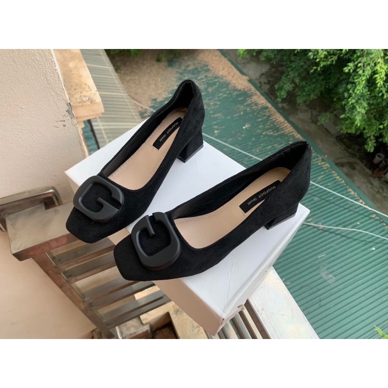 Giầy gót trụ 5 cm khoá chữ G da lỳ + da lộn