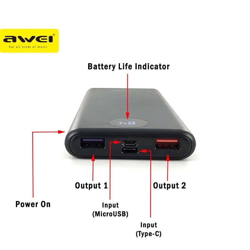 Pin Dự Phòng Awei P117K Type C in/out PD/QC3.0 10000mAh