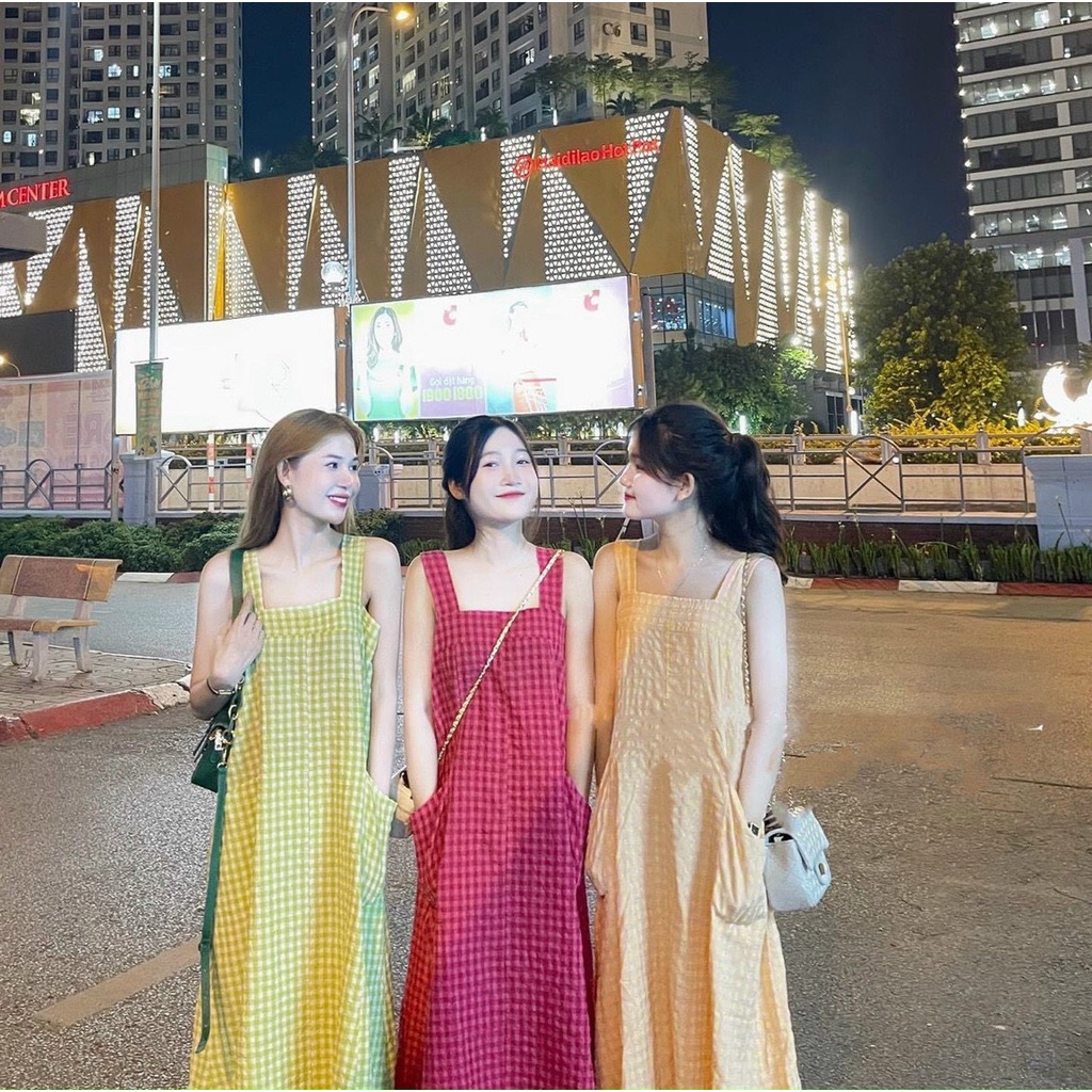 Váy , đầm babydoll suông kẻ caro hai dây bản to nữ , dáng dài đi biển , đi chơi chất vải thô sang trọng