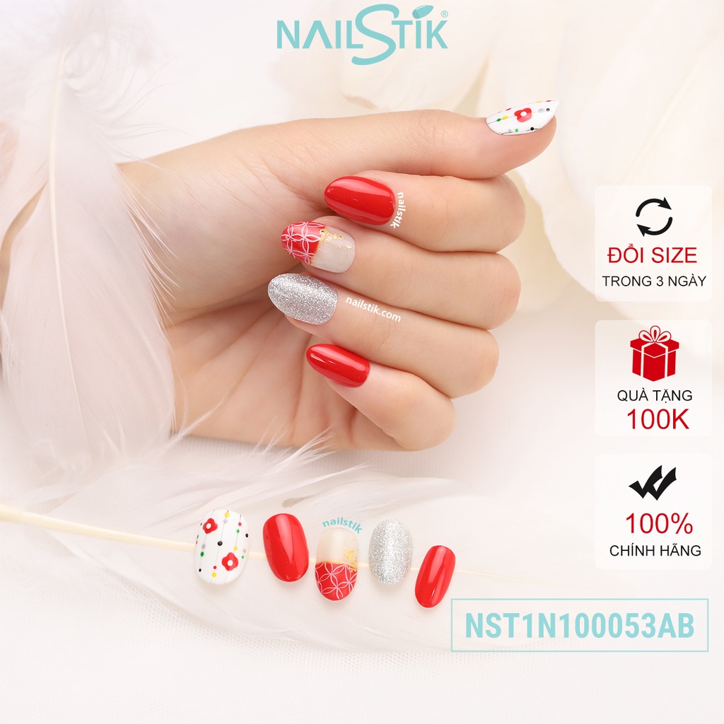 Móng úp thiết kế by NAILSTIK, màu đỏ, form móng bầu, ngắn/dài,  053