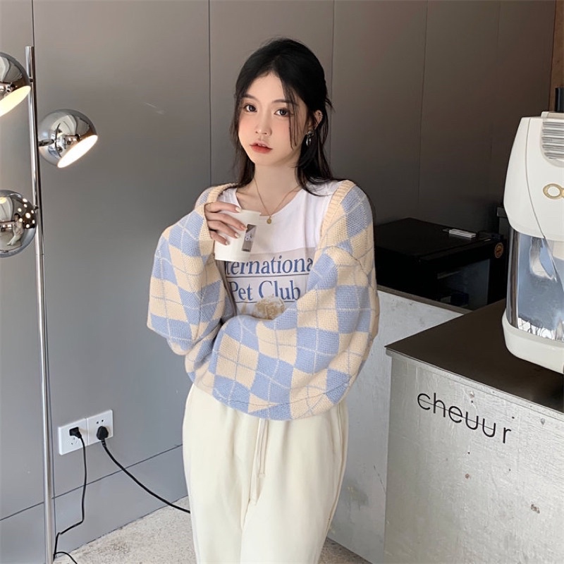 Áo khoác cardigan croptop form rộng dài tay nữ kẻ ô caro