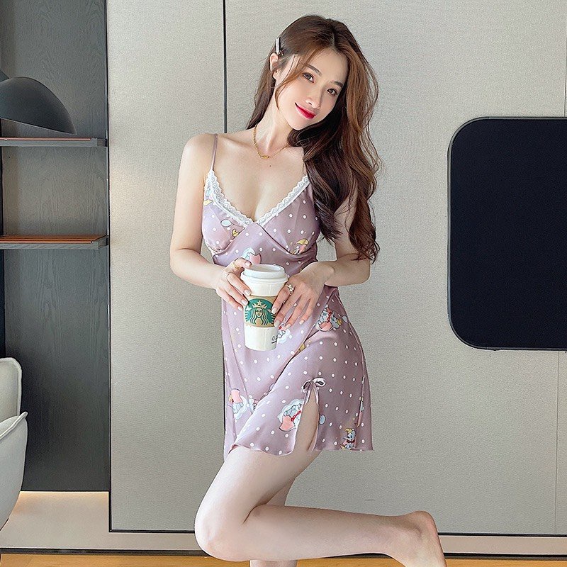 Đầm Ngủ Mặc Nhà AMAKA Lụa In Họa Tiết Hai Dây Có Đủ Size DAMD36AMK