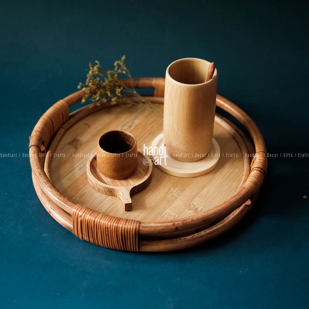 Khay song mây tròn, Khay trà bằng mây - Rattan round tray