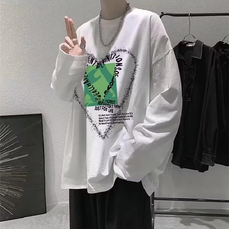 Áo Thun Tay Dài Cổ Tròn Dáng Rộng In Chữ Phong Cách Hàn Quốc Thời Trang Cho Nam size M-5XL