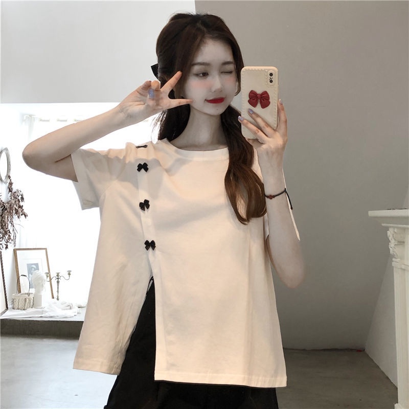 Áo Thun Tay Ngắn Dáng Rộng Xẻ Tà Phối Nơ Thời Trang Mùa Hè Hàn Quốc 2022 Cho Nữ