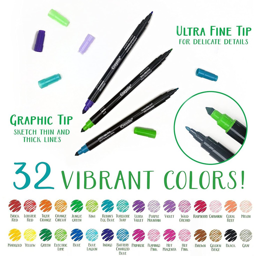 Bộ Bút Crayola Signature Graphic Tip  Hai Đầu Viết Calligraphy 32 Màu - Hộp 16 Cây Cao Cấp