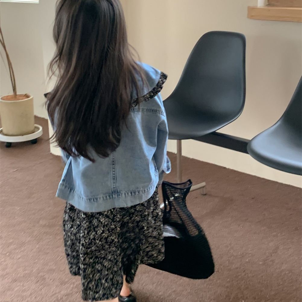 Bộ Áo Khoác Denim + Đầm Hoa Dễ Thương Phong Cách Hàn Quốc Thời Trang Mùa Thu Cho Bé Gái
