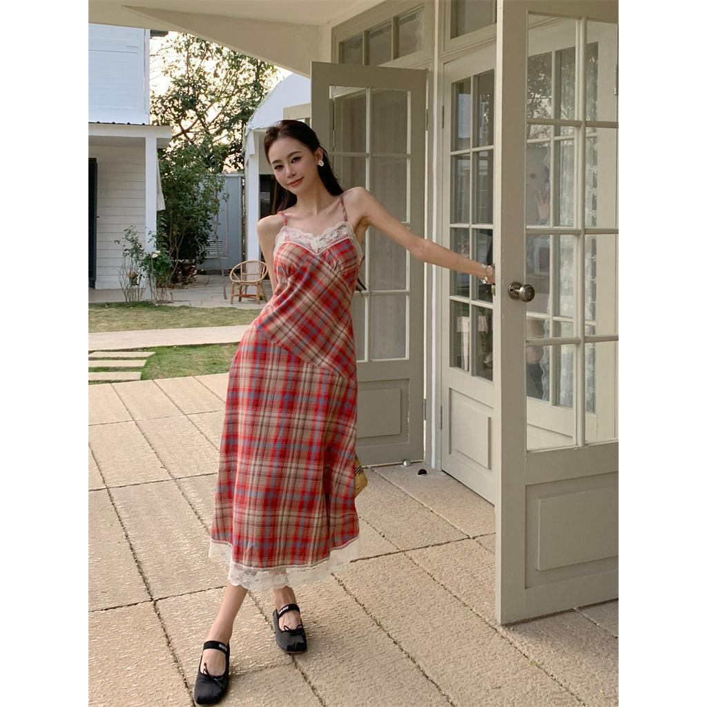 Đầm Dài Hai Dây Phối Ren Họa Tiết Sọc Caro Thời Trang Mùa Hè Cho Nữ