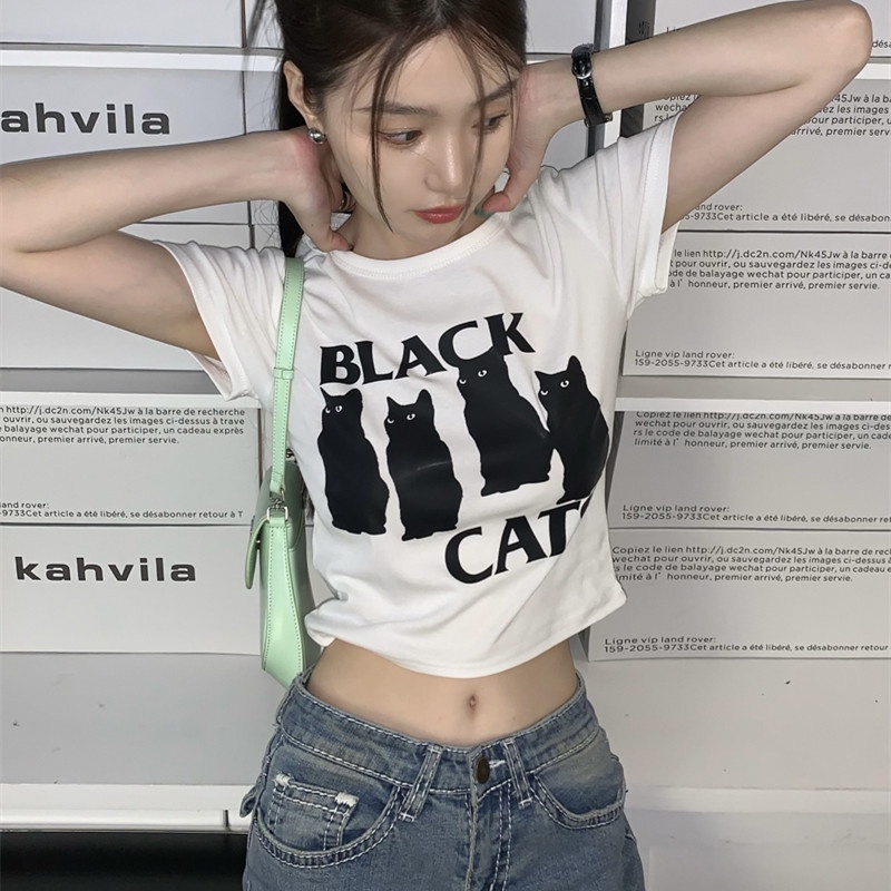 Áo Thun Croptop Tay Ngắn In Hình Mèo Dễ Thương Cho Nữ