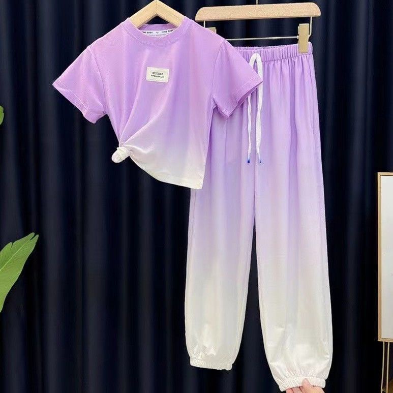 Bộ Đồ Thể Thao Áo Thun Tay Ngắn Dáng Rộng Phối Quần Dài Màu Sắc Gradient Thời Trang Mùa Hè Cho Bé Gái
