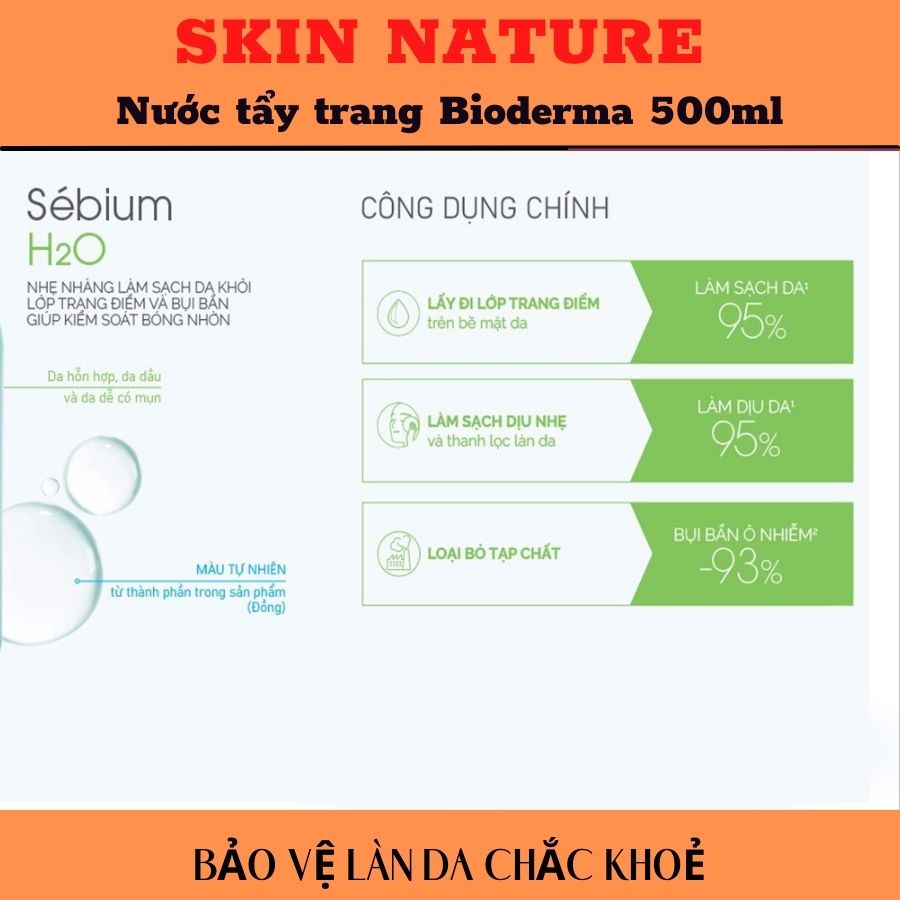 Nước tẩy trang Bioderma, Tẩy trang bioderma 500ml nút nhấn chuẩn Pháp chính hãng