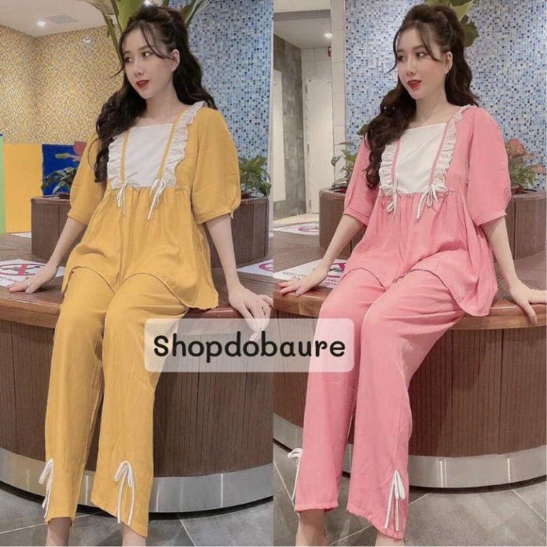 Bộ bầu dài, đồ bầu sau sinh chất lụa, tay lỡ, cổ vuông ren tiểu thư sang chảnh, có khóa cho bé ti, có chun tăng chỉnh