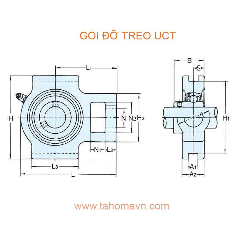 Gối đỡ đường kính trục 20mm, dạng treo có thể điều chỉnh khoảng cách trục, UCT204