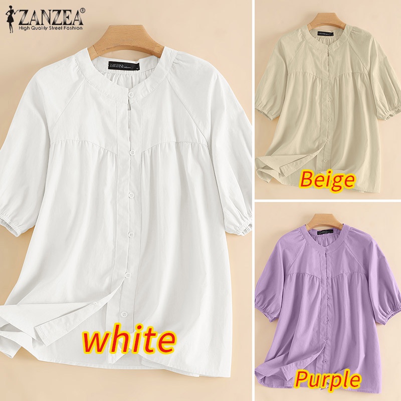 Áo kiểu ZANZEA tay lửng cổ tròn xếp ly cài nút thời trang tùy chọn màu sắc dành cho nữ