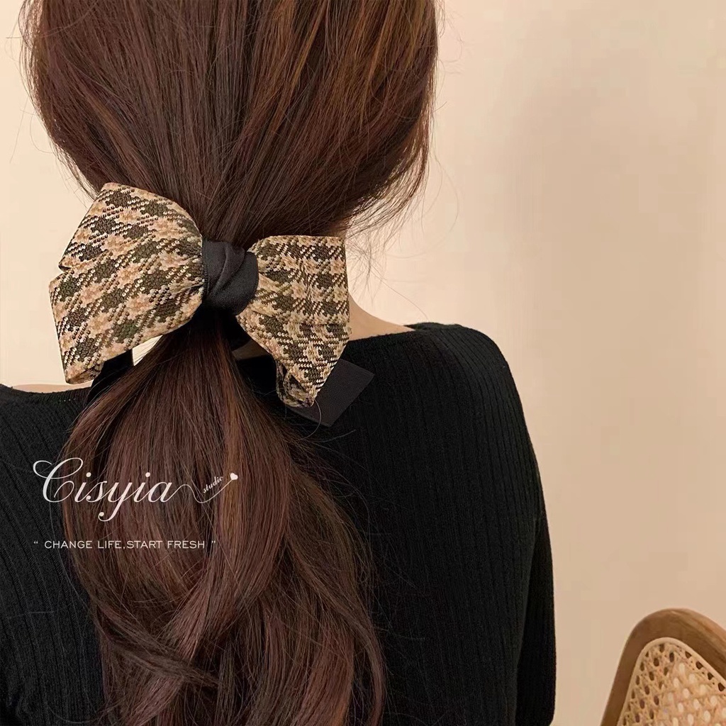 Kẹp Tóc Đuôi Ngựa Màu Đen Họa Tiết Kẻ Sọc/Bướm Màu Đen Co Giãn Phong Cách Xuân Hè