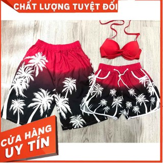 Đồ đôi đi biển cặp quần dù kèm áo dứa đỏ đi biển đẹp