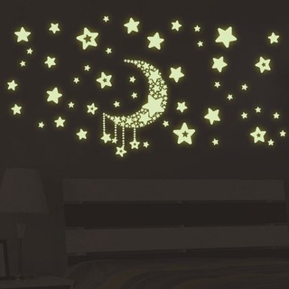 Bộ stickers dán tường bằng nhựa họa tiết mặt trăng và ngôi sao dạ quang