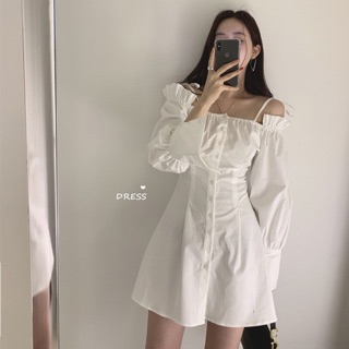 Váy sơ mi dài tay trễ vai dáng xoè