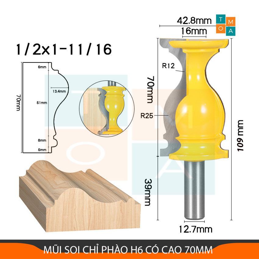 MŨI SOI CHỈ PHÀO H6 CAO 70MM - MŨI PHAY GỖ CỐT 12.7MM