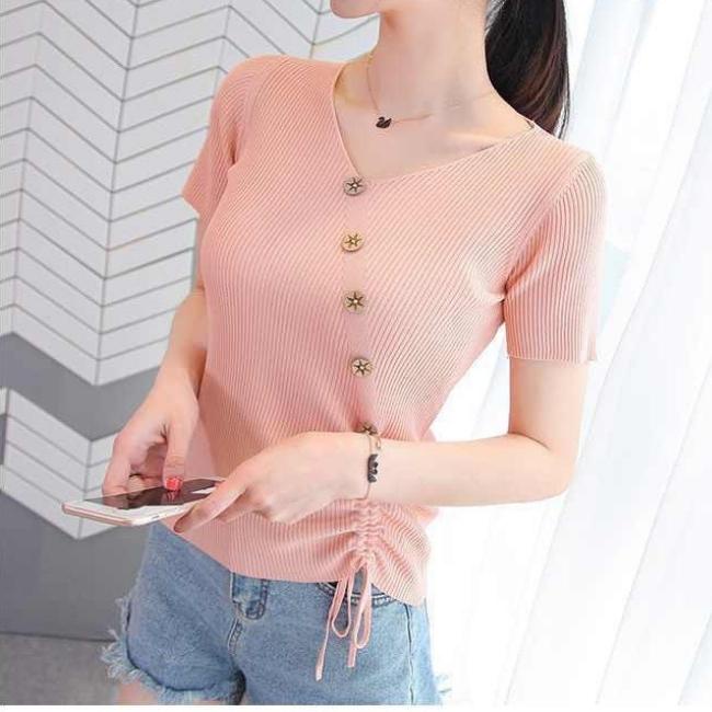 Áo thun nữ, áo thun len tăm cộc tay nữ kiểu dây rút gấu đính khuy chéo -  Mia Shore