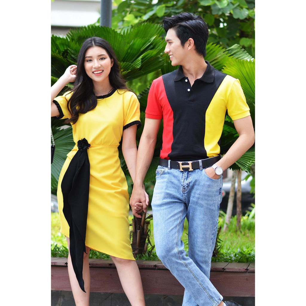 Đồ đôi Đầm Thun Couple Strong Shoulder Polo &amp; Black Band Yellow Dress HAVIAS