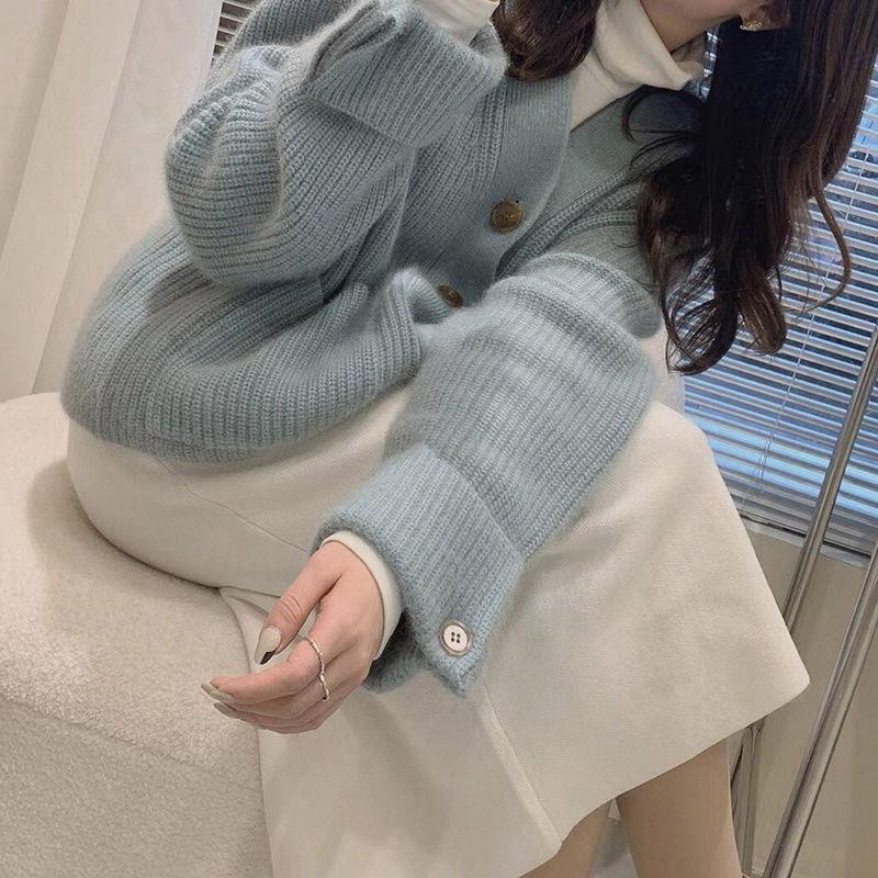 Mori Series First Love Milk Áo Khoác Cardigan Sweater Dệt Kim Mềm Màu Xanh Dương Sữa Cài Khuy Măng Sét Thiết Kế Túi Lớn Phong Cách Hàn