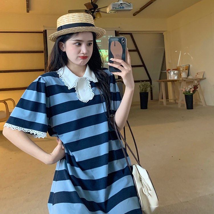 Đầm Cổ Polo Họa Tiết Kẻ Sọc Viền Ren Dáng Rộng Thời Trang Mùa Hè Hàng Mới Dành Cho Bạn Nữ