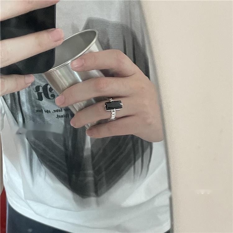 Nhẫn Hở Hình Vuông Đính Kim Cương Đen Phong Cách Hip Hop Đường Phố Thời Trang Có Thể Điều Chỉnh