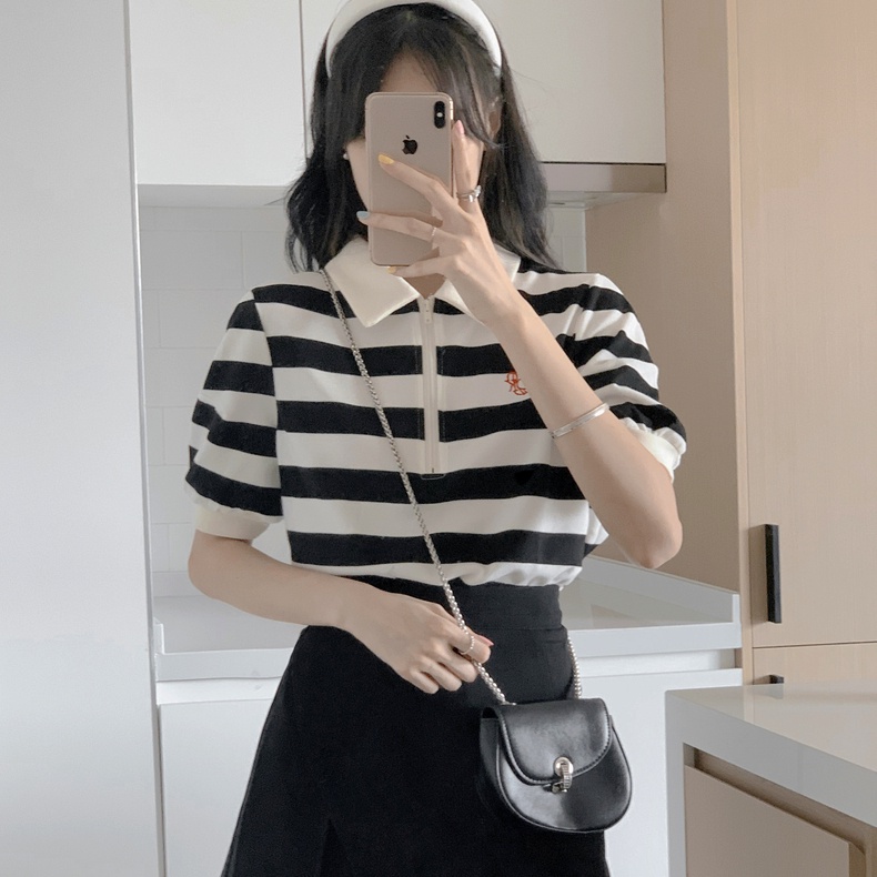 Áo thun polo SUXI tay ngắn dáng rộng họa tiết kẻ sọc đen trắng phong cách vintage thời trang dành cho nữ